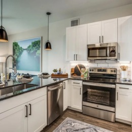 Our flawless studios & 1- & 2-bedroom apartments boast wood-style flooring, granite countertops, spacious walk-in closets, and in-home washers & dryers. kitchen with stainless steel appliances